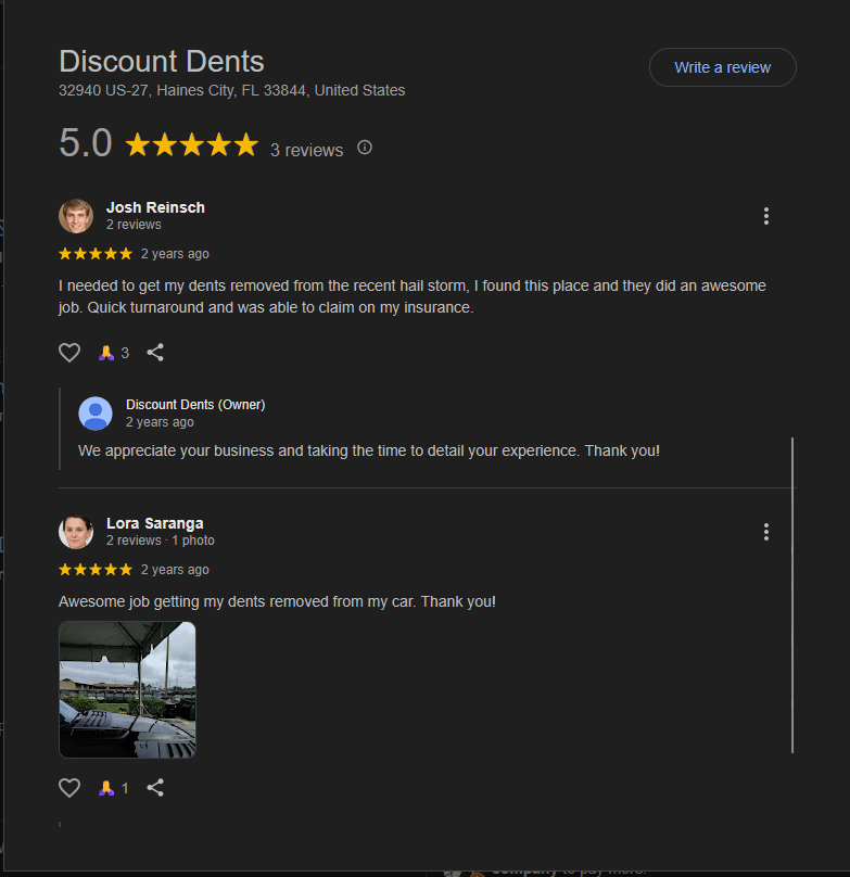 Discount Dents 5 star Google reviews for hail damage repair